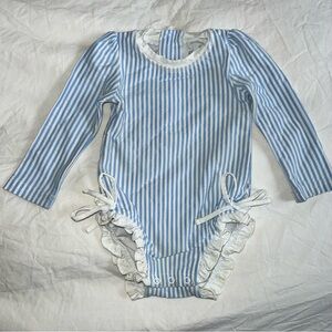 Caden Lane blue and white striped ruffle butt UPF50 swimsuit